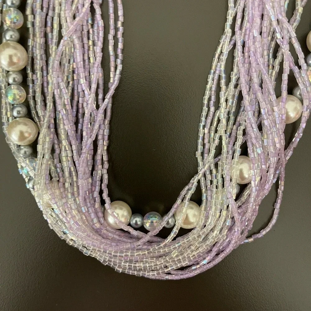 White Faux Pearl Gray Iridescent Seed Lavender Beads Multi-strands Necklace NWOT